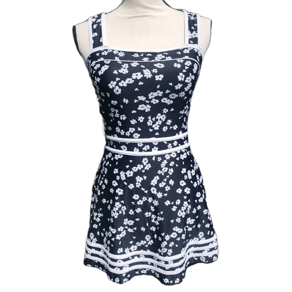 Shore Shapes Swimwear~Floral Black & White ~One Piece Swim Dress-Size 10 (Fit 6)